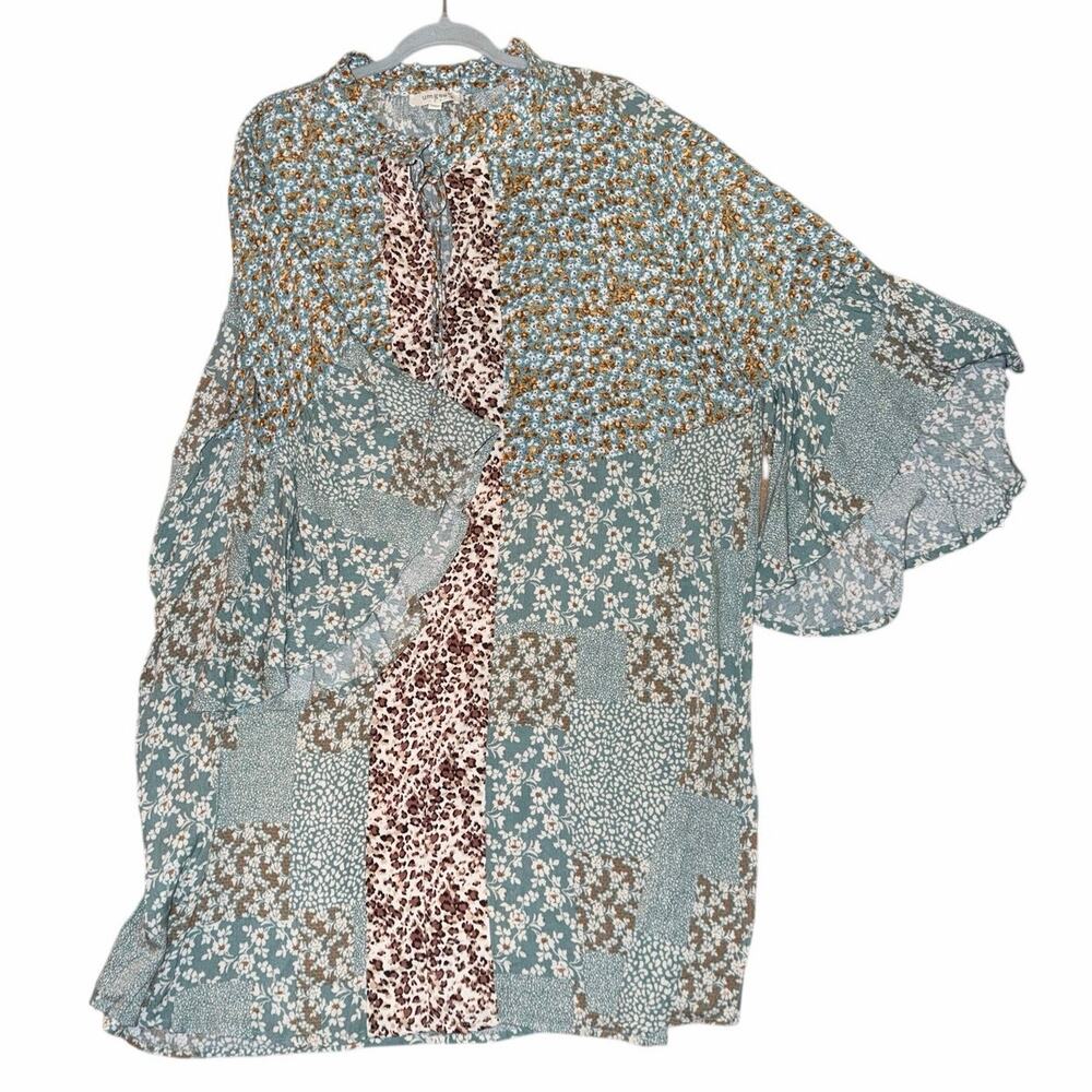 Umgee blue brown patchwork print flare sleeve tunic top mini dress XL boho fall